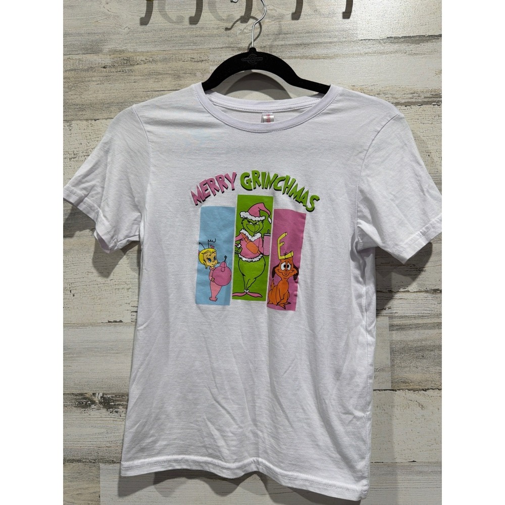 Dr Seuss Merry Grinchmas Shirt Girls M White Graphic Tee Holiday EUC